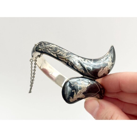 Siam Sterling Silver Bypass Style Hinged Nielloware Thai Made Vintage Bracelet - Picture 3 of 16